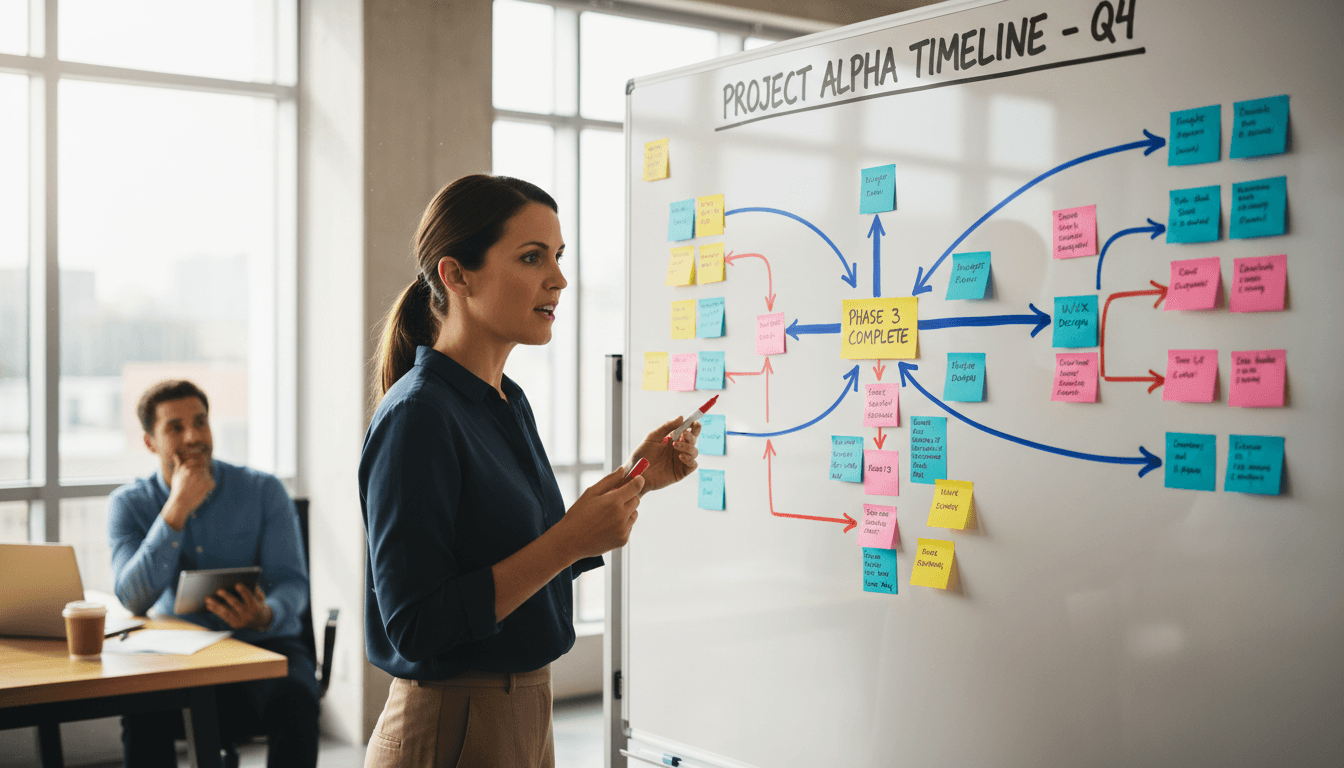 Project manager reviewing timeline and milestones on a whiteboard with team members