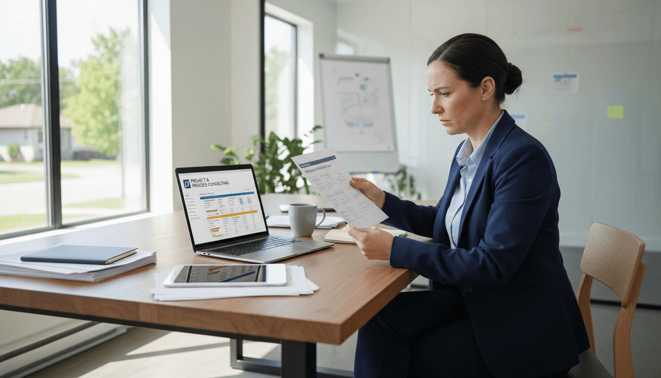 Business owner reviewing workflow documents at a desk in a modern St. Thomas office.