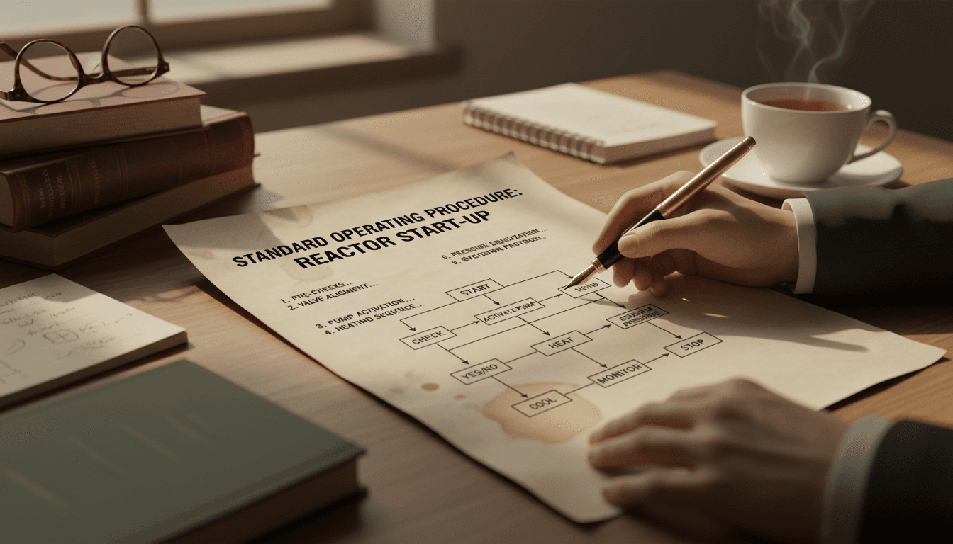 A detailed, vintage document aesthetic close-up shot of a meticulously written SOP document being reviewed on a desk