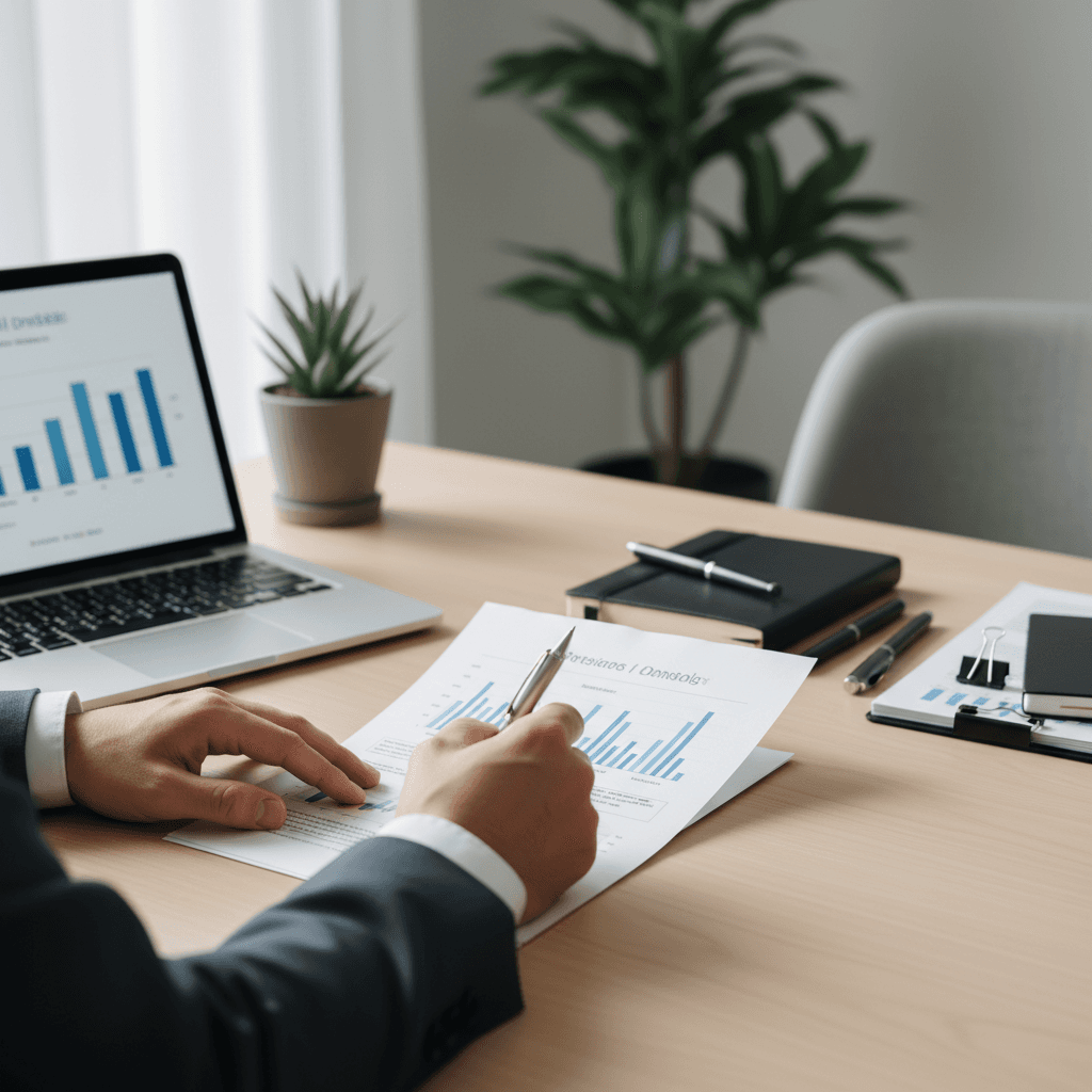 Small business owner reviewing project workflows and process documents at desk