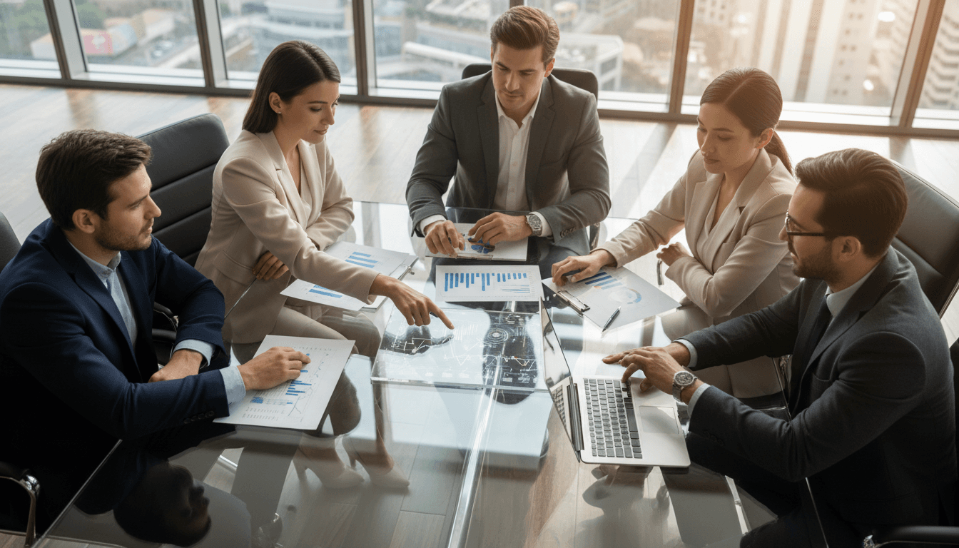 Diverse business professionals collaborating around conference table with data analytics and strategic planning materials