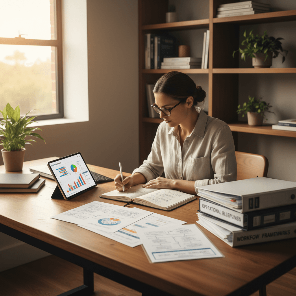 Small business owner reviewing organized workflow documentation at their desk