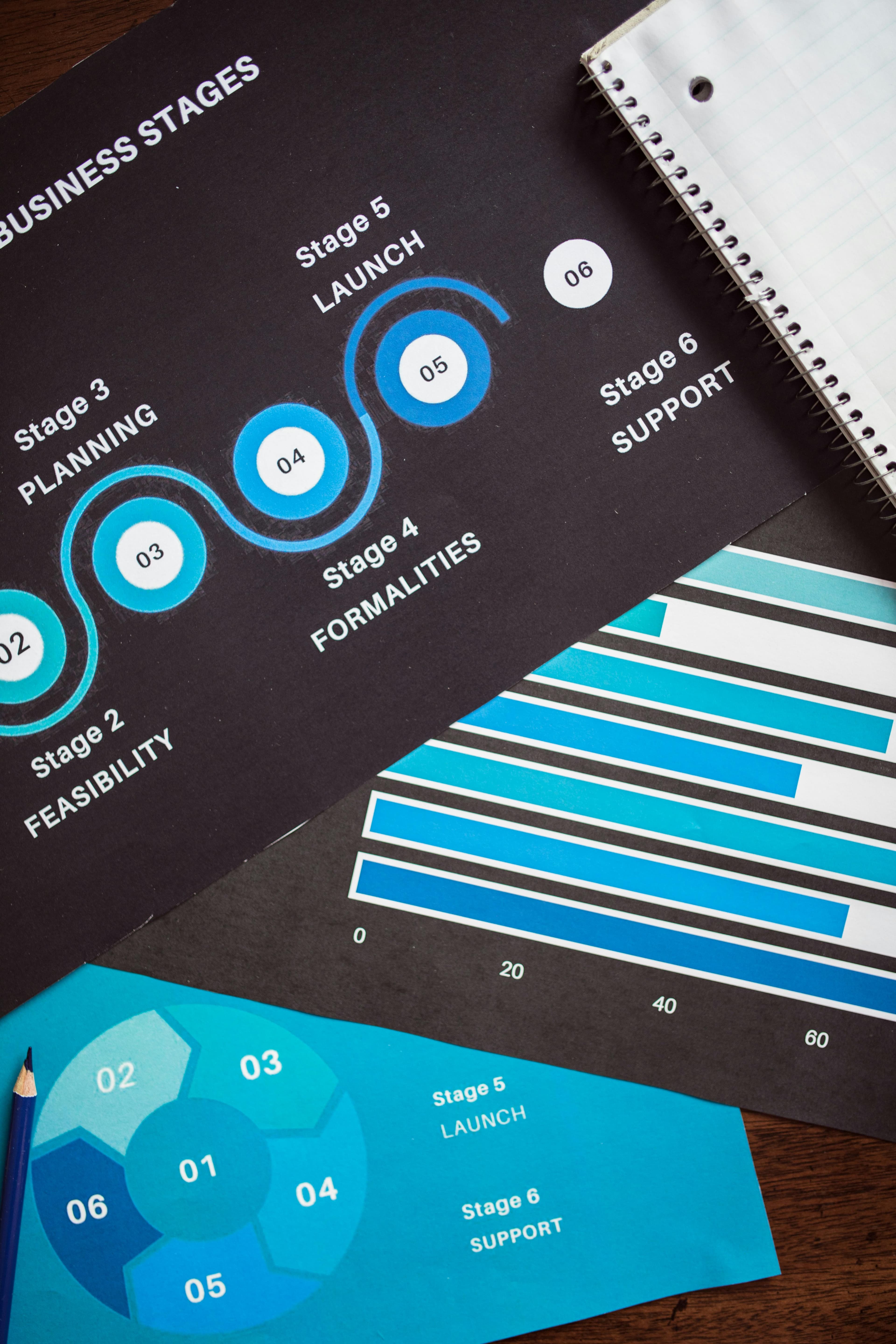 Infographics showing business stages from feasibility to support, with bar charts and circular diagrams.